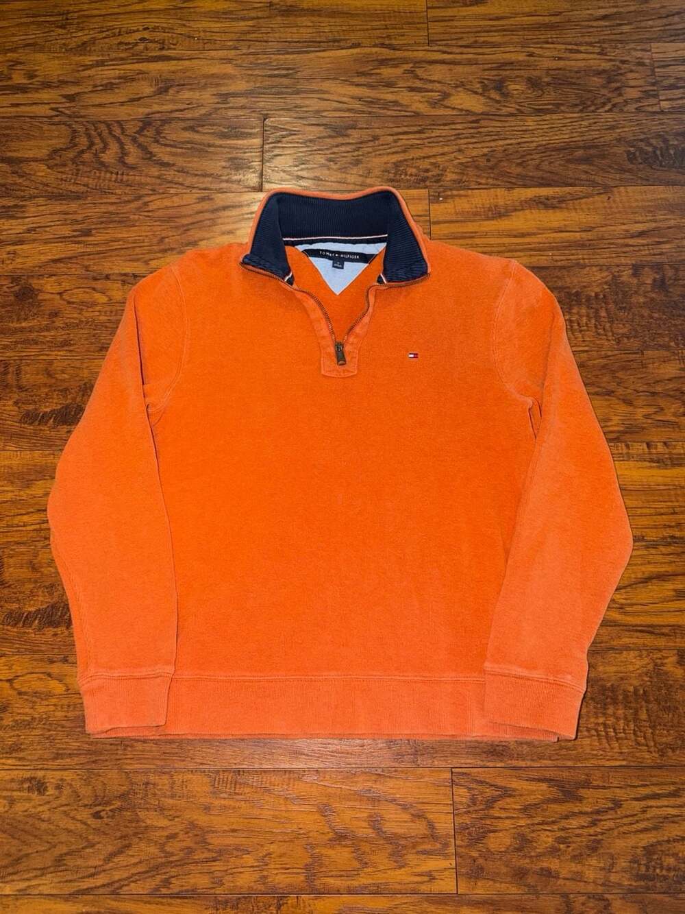 Tommy Hilfiger Quarter Zip Pullover Sweater Size M Orange Cotton
